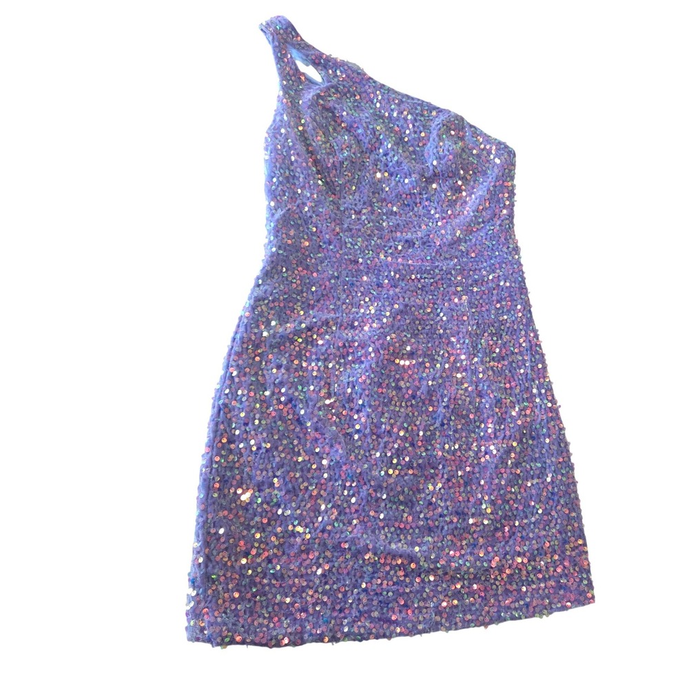 LOYELOY Lavender Iridescent Sequin One Shoulder Open Back‎ Mini Dress Size XS